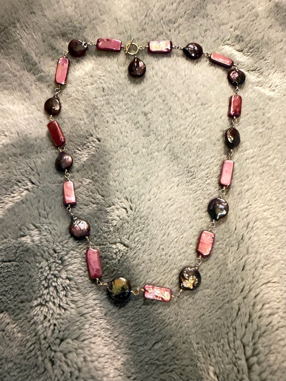 Vintage Freshwater Pearl Beaded Necklace Pink Biwa & Dark Purple Coin 21”